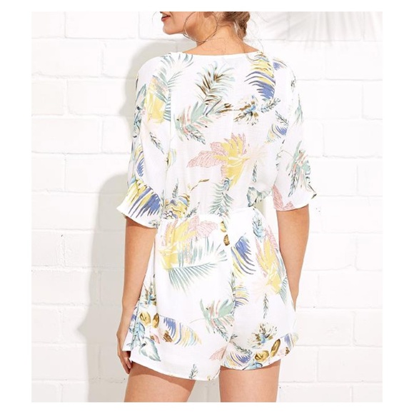 White Tropical Print 3/4 Sleeve Wrap Romper - Picture 2 of 5
